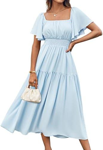 GRACE KARIN Women's Summer Short Sleeve Square Neck Smocked Waist Casual Vacation Tiered Flowy Maxi Dress, 2XL