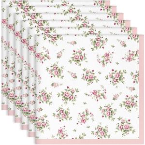 Pink Floral Rose Print Cloth Napkins 100% Cotton, 18" X 18" Dinner Napkins Cloth Set, Washable Napkins for Home, Kitchen, Dinner, Party, Wedding, Cocktail, Set of 6