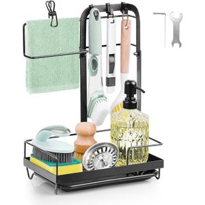 Sponge Holder for Kitchen Sink, Stainless Steel Sink Caddy with Removable Drain Tray, Higher Dishcloth Holder and Brush Rack, Kitchen Sink Caddy for Sponge, Brush, Soap Dish, Dishcloth - Black