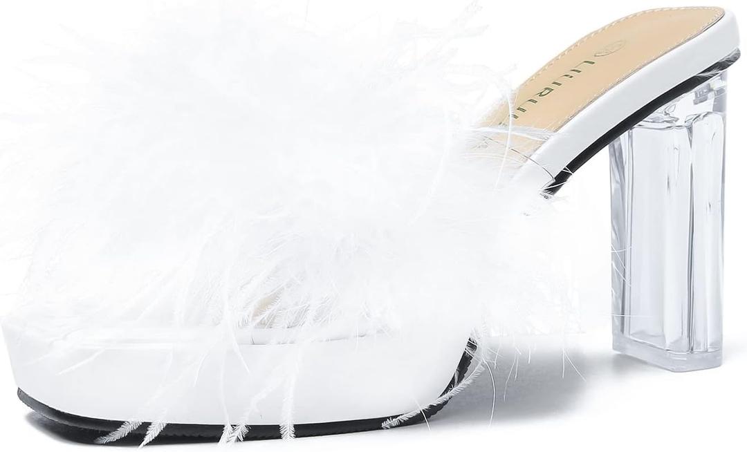 LIURUIJIA Women's Square Toe Platform Chunky Heel Slip on Sandals Feather Fuzzy Heels Mules Wedding Bridal Party Dress Shoes (9, White)