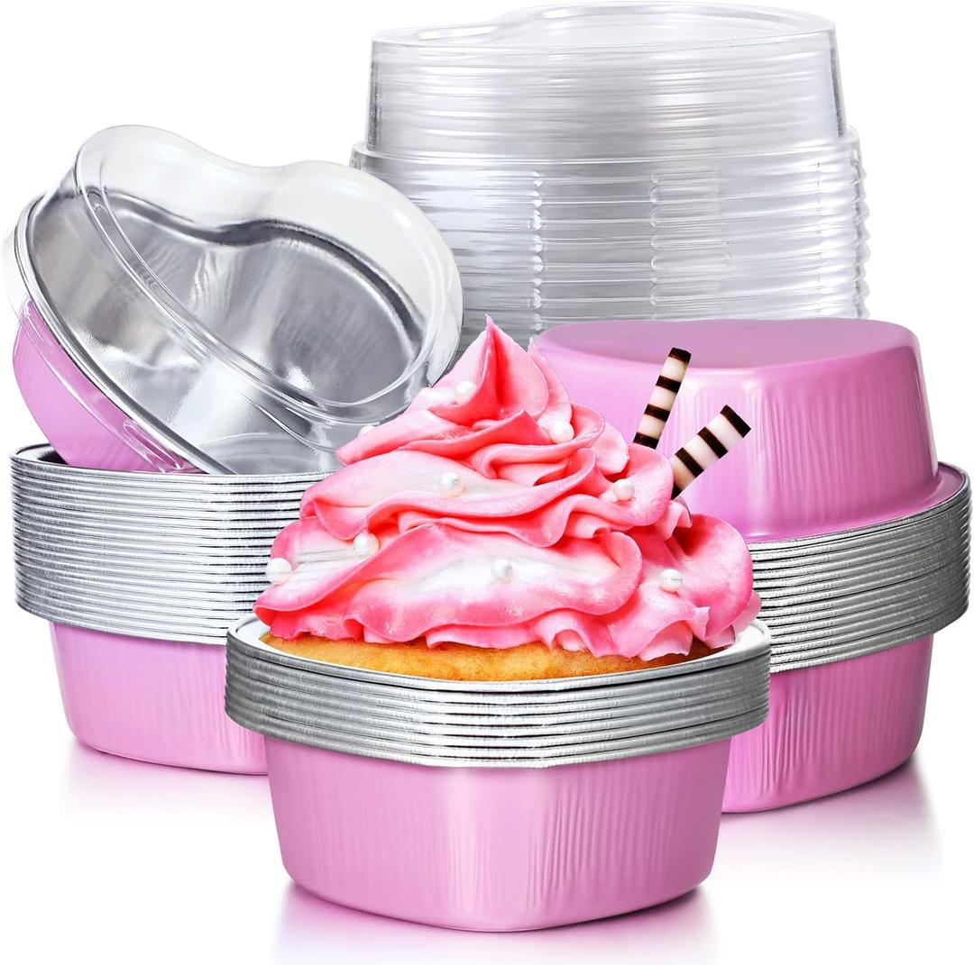 20 Sets Aluminum Foil Cake Pan Heart Shaped Cupcake Cup with Lids 100 ml/ 3.4 Ounces Disposable Mini Cupcake Cup Flan Baking Cups for Valentine Mother's Day Wedding Xmas Birthday(Pink)