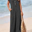 KIRUNDO Womens Summer Dresses 2026 Spring Ribbed Knit Henley Short Sleeve Maxi Dress Button Up Loose Beach Vacation Sundress (Black, M)