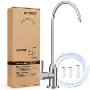 Drinking Water Faucet - Long Thread Stem Filtered Water Tap for Thick Countertop,Lead-Free RO Faucet with Hose and Push Connect Fittings(Brushed Stainless)