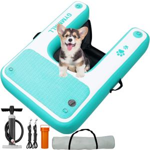 Inflatable Dog Water Ramp Pet Dock Platform Green, Pet Water Platform for Boat Pool Lake Sea, Non-Slip Safety Floating Dock for Dogs up to 200lbs, EVA Puppy Float Ramp Dog Water Ladder