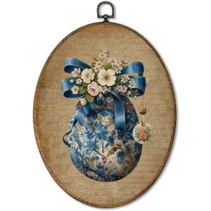 AEHIE Vintage Easter Chinoiserie Egg Oval Wall Art Decor, Blue and White Egg Canvas Artwork Framed, Farmhouse Chinoiserie Floral Easter Picture Oval Wall Art for Home Bedroom Living Room Decor, 11x8.5
