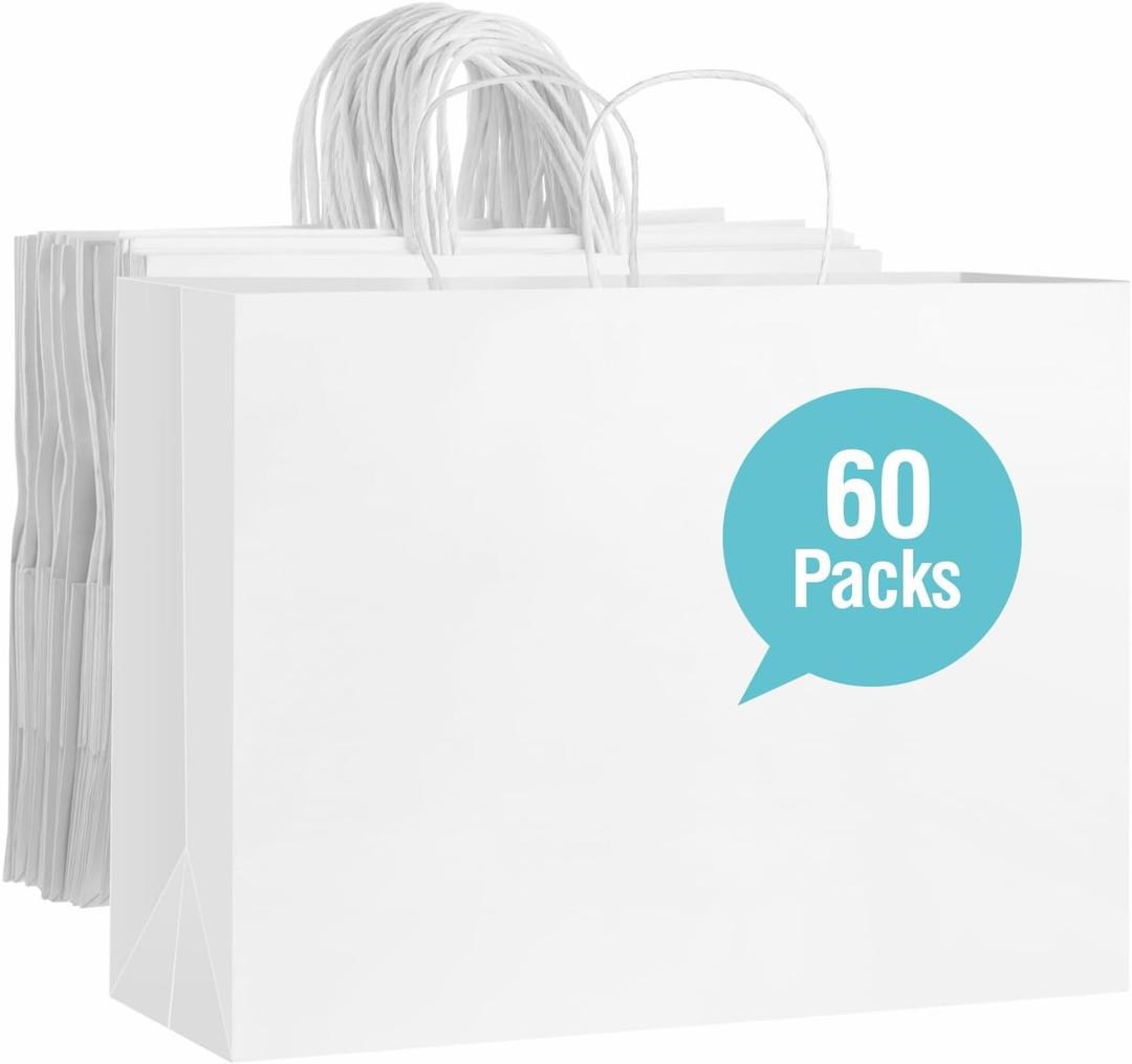 woric 60 PCS White Paper Bags with Handles, Large Gift Bag 16 x 6 x 12 inch White Gift Bag Bulk Shopping Bags for Gift Grocery Small Business