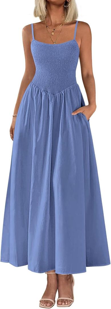 PRETTYGARDEN Women's Smocked Maxi Dresses 2025 Summer Beach Sundress Casual Spaghetti Strap Swing A Line Long Flowy Dress (Medium, Blue)