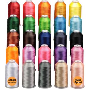 New brothreads - 25 Basic Colors of Huge Spool 5000M Polyester Embroidery Machine Thread for Commercial and Domestic Embroidery Machines