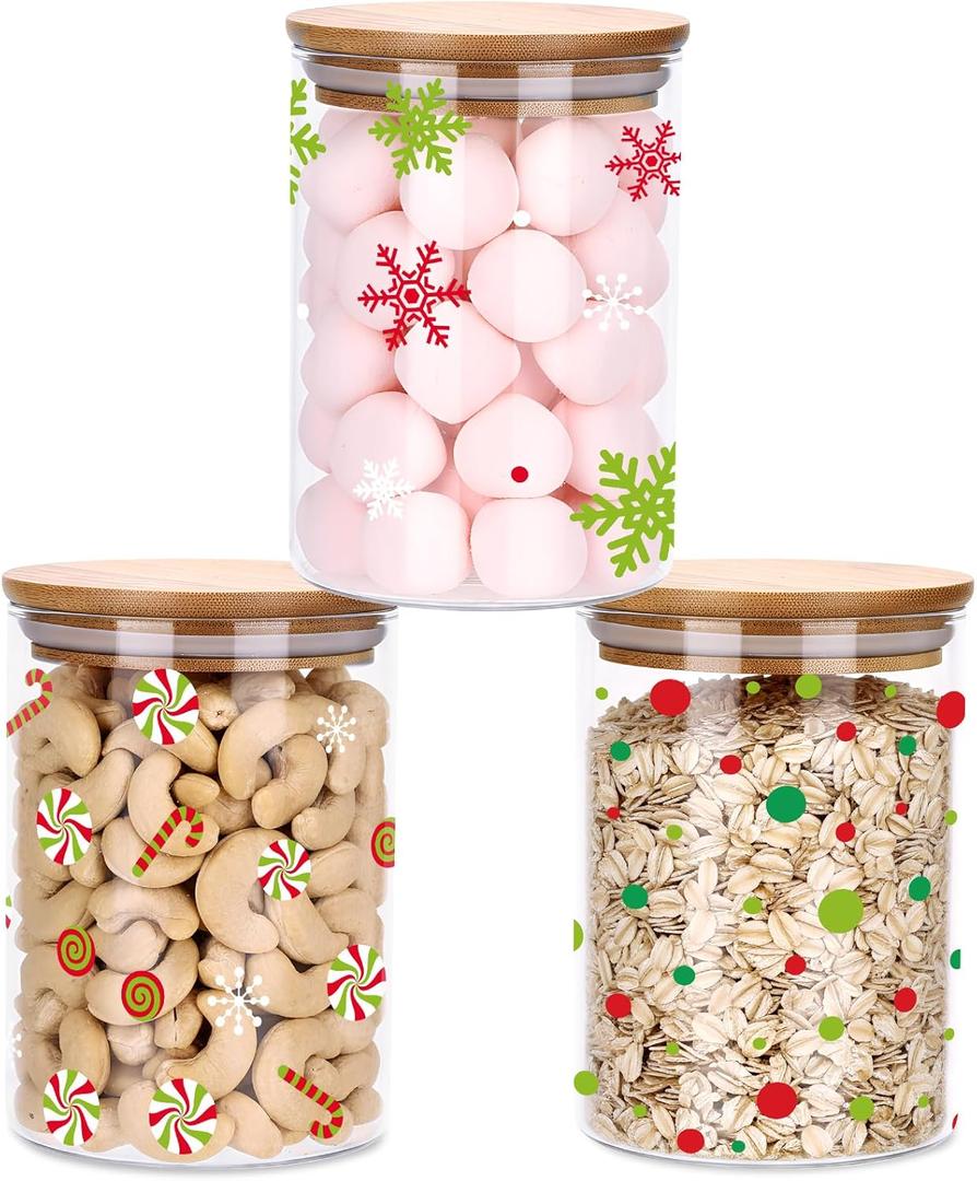 3 Pcs Christmas Glass Storage Jars with Airtight Bamboo Lid 3 Style 18.6 oz Xmas Clear Decorative Canisters Set for Winter Home Kitchen Countertop Christmas Party Supply (Candy Cane Design)