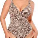 SHAPELLX Womens One Piece Swimsuit Tummy Control Ruched Slimming Swimwear Bathing Suit with Adjustable Lace-Up Back (Large, Beige Zebra Print)