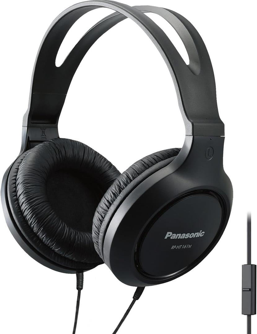 Panasonic Lightweight Over The Ear Wired Headphones with Microphone, Sound and XBS for Extra Bass, Long Cord, 3.5mm Jack for Phones and Laptops  RP-HT161M (Black) (4.1 x 7.2 x 7.6 inches (Pack of 1))