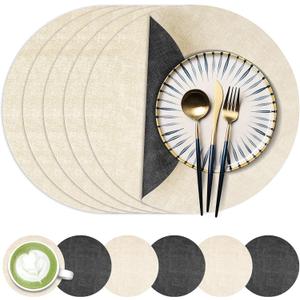 13-Inch Faux Leather Round Placemats Set of 6, Waterproof Anti-Slip Dual Sided Place mats, Heat Resistant Washable Table Mats with Coaster, Suitable for Indoor & Outdoor (6, Black Beige)