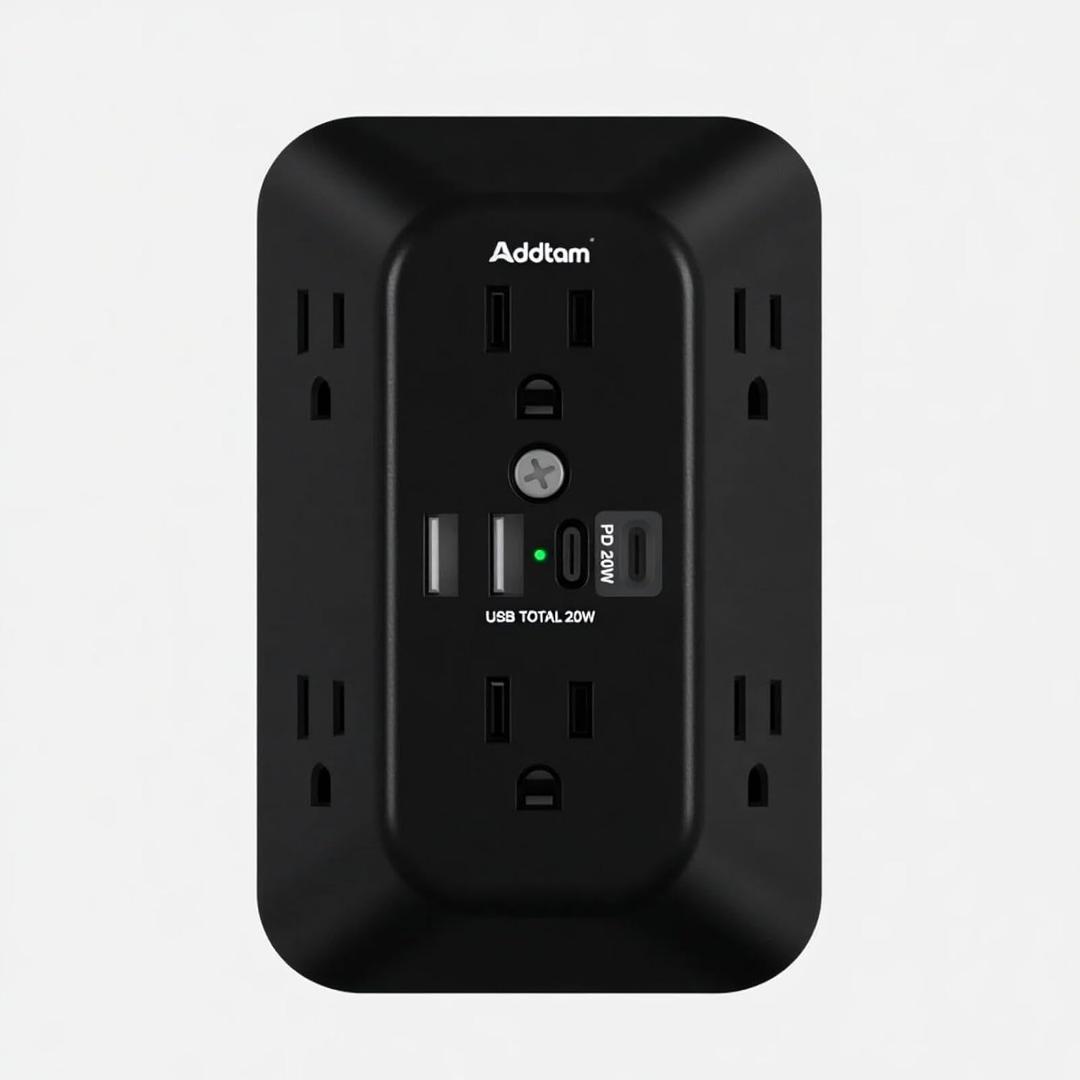 Addtam Surge Protector Outlet Extender, 6-Outlet Splitter with 4 USB Wall Charger(PD 20W), Multi Plug Wall Outlet 1800J Power Strip for Home Office Dorm Room Essentials, Black
