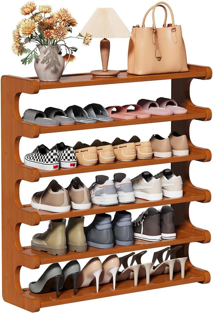 Leo IRis Bamboo Shoe Rack - 4/5/6 Tier Shoe Shelf Organizer, Entryway Free Standing Shoe Storage Rack, Multi-Layer Shoe Stand for Closet, Hallway, Bedroom， Space Saving Furniture