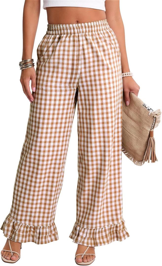 Flygo Women's Gingham Pants Y2K Cotton Wide Leg Ruffle Hem Lounge Pants Plaid Elastic Waisted Trouser with Pockets (Brown, M)