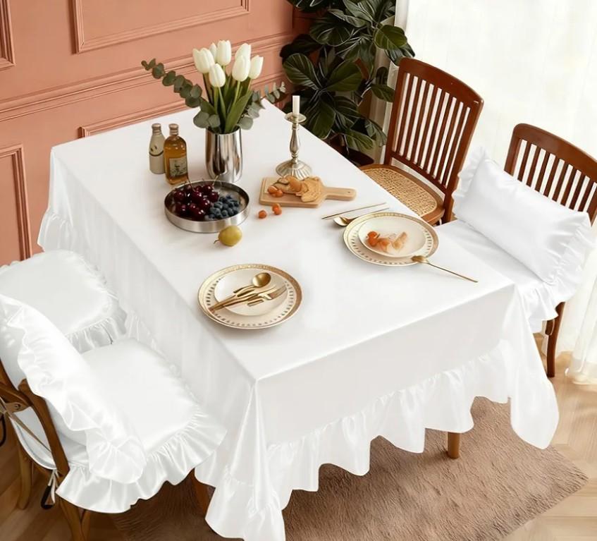 1 Pack Ruffle Tablecloth 60" x 102" White Rectangle Shape Scalloped Edge Tablecloth for Kitchen, Dining and Weddings.