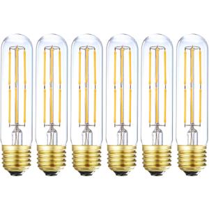 Dimmable T10 Edison Led Tubular Bulb 3000K Soft White,6W Vintage Led Filament Tube Bulb (60W Equivalent) 600lm, E26 Base Lamp Bulb for Display Cabinet Showcase Piano. (6-Pack.)