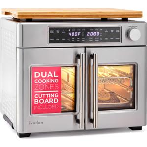 Ivation Dual Zone Air Fryer French Door Oven - 32 Quatity Convection Toaster Combo, 10-in-1 Multifunction Up to 450 - 1800W - Temperature Control, Timer - Stainless Steel - Dehydrate, Bake, Roast, 32 Quart