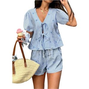 Milumia Women's 2 Piece Outfit Striped Bow Tie Puff Sleeve Blouse and Shorts Set Blue Small