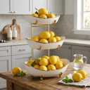 White Ceramic 3 Tier Modern Fruit Bowl with Metal Stand, Tiered Fruit Tray for Kitchen Counter, Snacks Nuts Bread Candy Storage