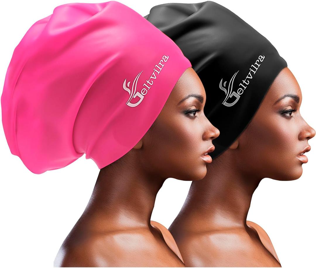 Extra Large Swim Cap for Braids and Dreadlocks Women Men Silicone Swimming Cap for Long Thick Curly Weaves Afro Hair Extensions (Black, Fuchsia)