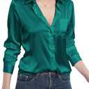 Womens Satin Silk Blouses Blouse Button Down up Shirts for Women Casual Loose Long Sleeve Business Work Tops (L)