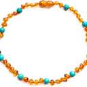 Baltic Proud Amber Necklace for Women and Men (Authentic, Certified) - 18 inches, Cognac Turqouise Polished - Unisex Jewelry for Adults - Bead Necklace