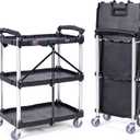 VEVOR Foldable Utility Service Cart, 165LBS 3 Shelf Heavy Duty Plastic Rolling Cart with 360 Swivel Wheels (2 with Brakes), Ergonomic Handle, Portable Garage Tool Cart for Warehouse Office Home