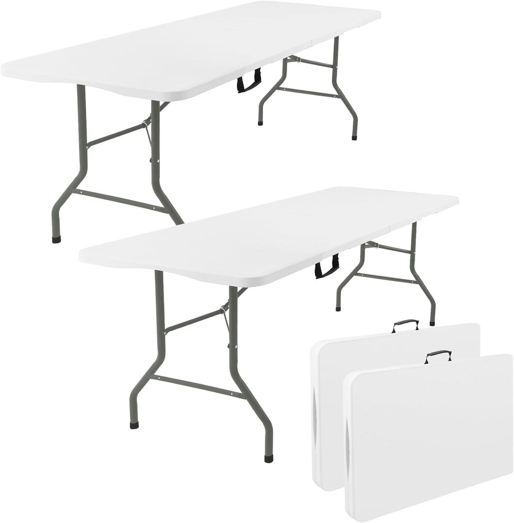 2 Pack 5 Feet Portable Folding Table White, Steel Legs Fold-in-Half with Carrying Handle Rectangular Plastic Foldable Table for Party, Wedding, Camping, Picnic, Dining, Indoor Outdoor Events (White)