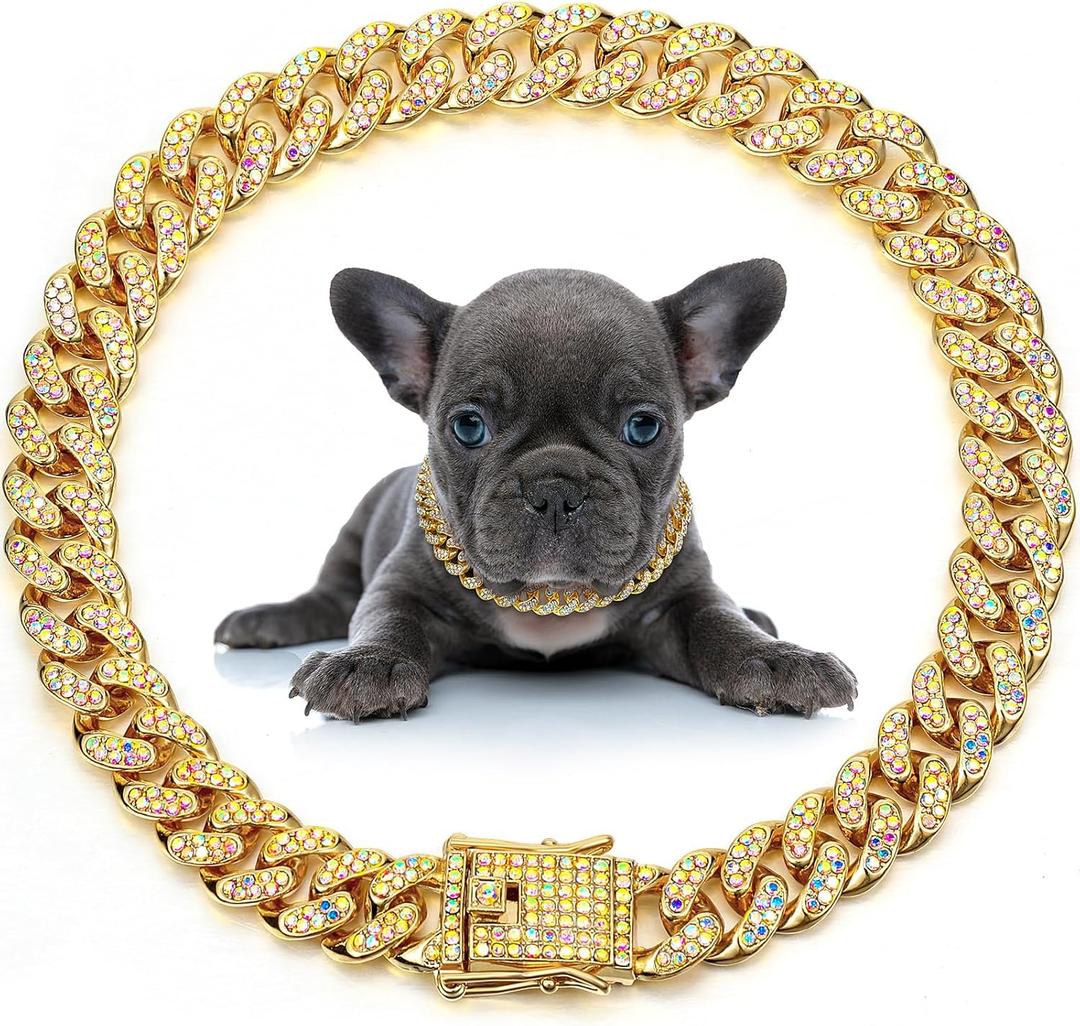 LEIFIDE Dog Chain Collar Diamond Link Puppy Collar 12 mm Wide Dog Necklace Metal Cat Chain Pet Crystal Necklace Jewelry Accessories for Small Medium Large Pet(14 Inch,Gold, AB Color)