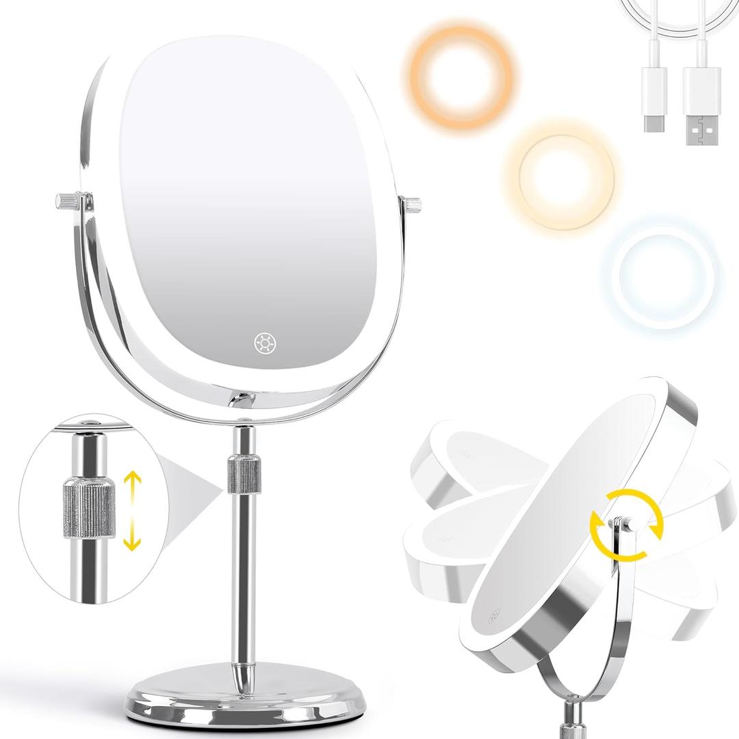 9'' Lighted Makeup Mirror with 1x/7x Magnification, Height Adjustable Vanity Mirror, 3 Color Light Lighted Mirror with Magnification, Rechargeable 360 Swivel Double Sided Makeup Mirror, Chrome