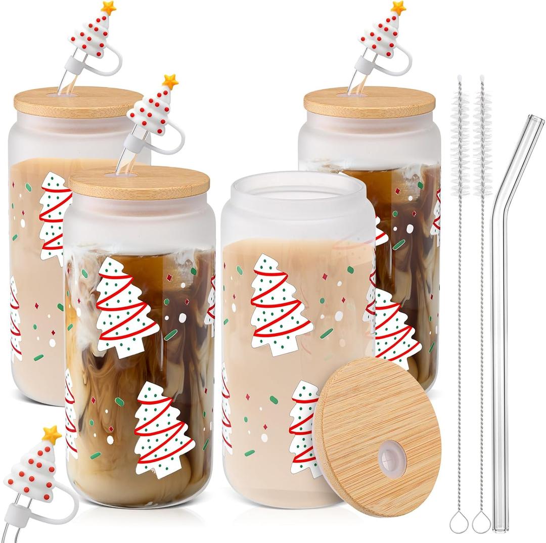LemonRoad 4 Pcs Christmas Glass Cup Gift Holiday Christmas Iced Coffee Cup with Tree Cake Iced 18oz Xmas Tumbler Tree Glass with Lid Straw Reusable Beer Can Drinking Coffee Cup for Holiday Party Home