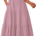 BTFBM Summer Dresses for Women 2025 Vacation V Neck Loose Short Sleeve A Line Tiered Flowy Casual Midi Beach Dress (Pink, S)