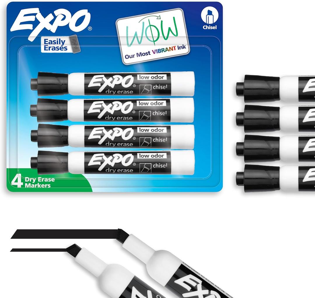 EXPO Dry Erase Markers, Low Odor Ink, Black, Chisel Tip, 4 Count - Easily Erases, Vibrant Ink, Ideal for Classroom, Back to School Supplies, Teachers, Office, Whiteboard & Home