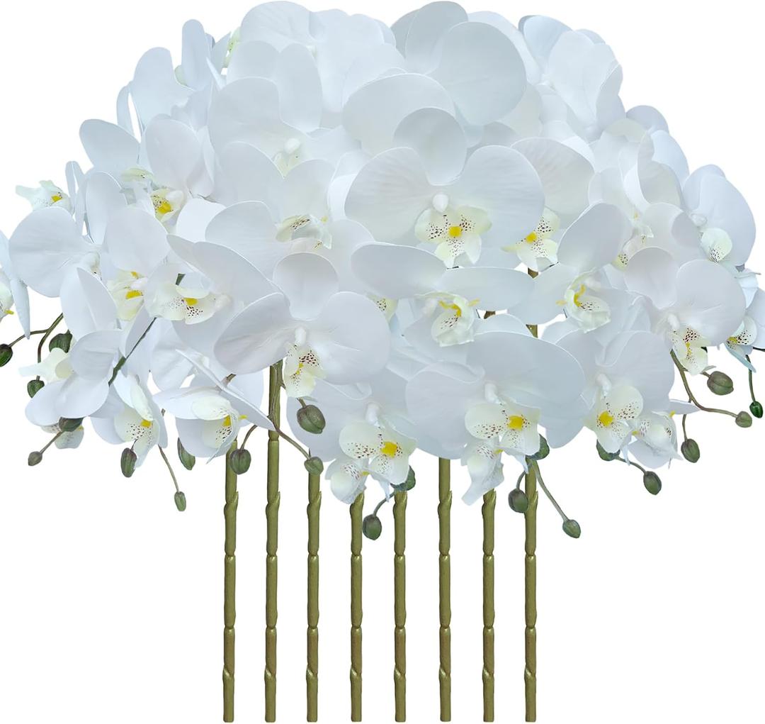 FagusHome 8 Pcs Artificial Phalaenopsis Flowers 32 Inch Artificial Orchid Flowers Fake Flowers Stem Plants for Home Dcor (White)