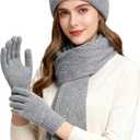 Women Winter Warm Hat Scarf Gloves Set, Touchscreen Gloves Beanie Hat Thick Scarf Set, 3 Pieces Warm Winter Gift (Gray)