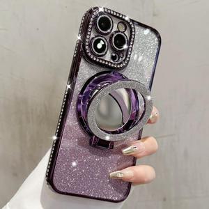 Mirror Kickstand Glitter Diamond Case for iPhone 15 14 13 12 Pro Max,Magnetic Stand Holder,Camera Lens Protector Compatible with Magsafe, Rhinesetone Bing Cover Case (Purple,for iPhone 12 Pro)