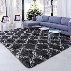 Unirea 8x10 Feet Luxury Shag Area Rug Modern Indoor Plush Fluffy Rugs, Super Soft and Fuzzy Carpet, Geometric Rugs for Bedroom Living Room Girls Kids Nursery, Dark Grey/White