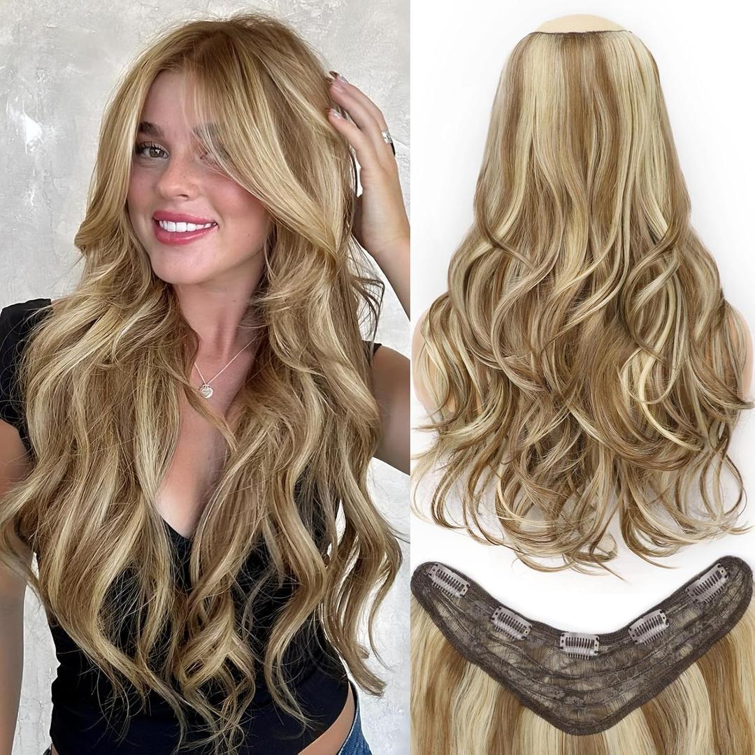 ALXNAN Long Wavy Hair Extensions for Women, Clip in Hair Extensions Clip Ins Soft Full Head Synthetic Hairpieces 20 Inch Light Brown Mixed Ash Blonde