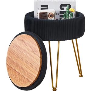 Wimarsbon Vanity Stool Vanity Chair with Storage, Velvet Makeup Stool, Soft Ottoman with Anti-Slip Feet, Furry Padded Seat for Makeup, Bedroom Black