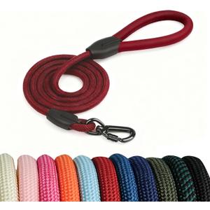 Rope Dog Leash, |Comfortable Leather Handle, Resistant to Dirt and bite | Strong Nylon Pet Lead for Small, Medium, Large Dogs (Red, 5 FEET)
