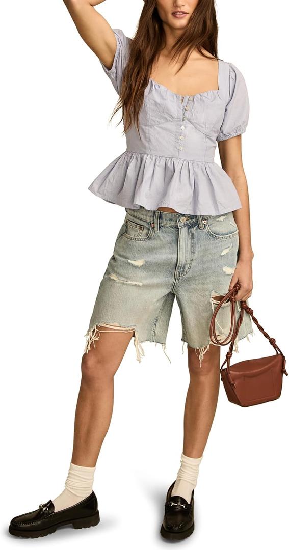 Lucky Brand Womens Short Sleeve Ruched Peplum Top, L