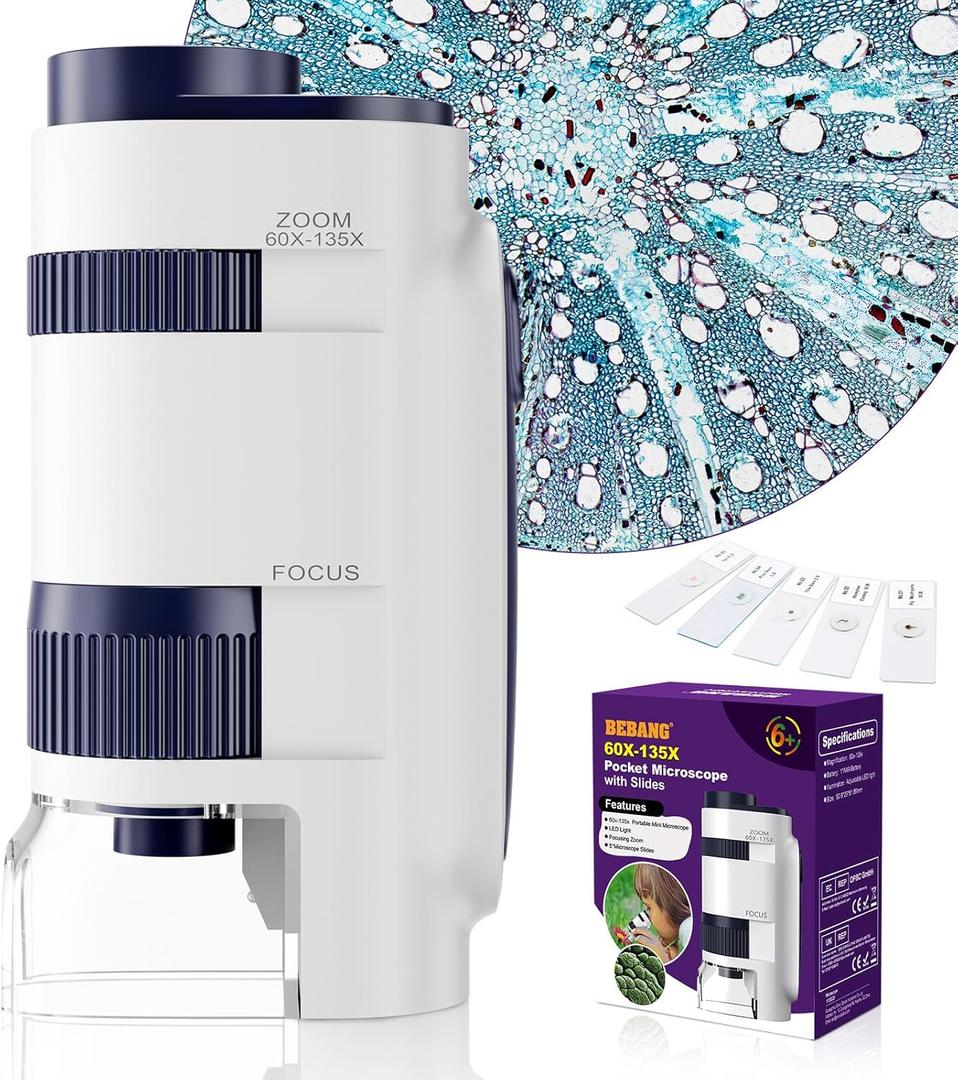 Handheld Portable Pocket Microscope for Kids - BEBANG Mini Lab Kids Microscope with 5 Prepared Slides LED Portable Microbiological Observation Miniscope Tool for Science Exploration