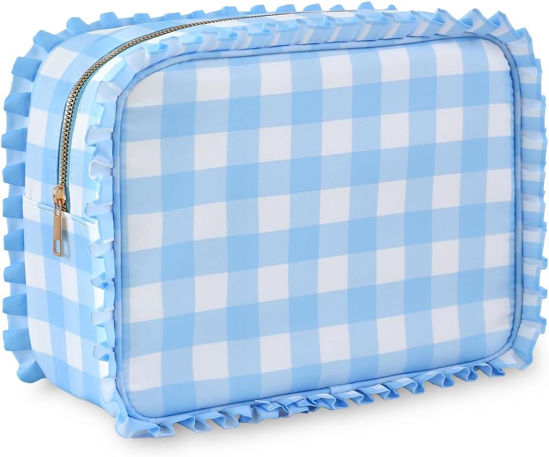 Gingham Ruffle Makeup Bag,Large Travel Cute Cosmetic Bag for Women Girls,Toiletry Bag Make up Organizer 11.8 x 4.7 x 9 inch (Blue Gingham)