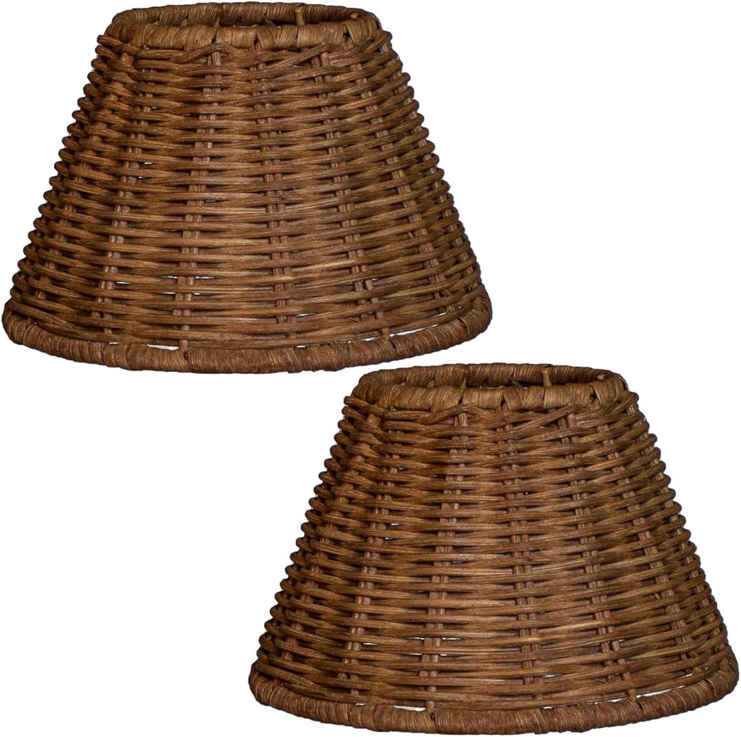 Mini Lampshades Set of 2, Natural Rattan, 3.15" Top x 6.1" Bottom x 3.9" Slant Height,Boho Lamp Shade Replacement Clip-on Traditional Shades (Deep Brown)