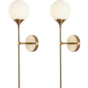 KCO Mid-Century Modern Wall Mounted Sconces Set of 2 Brushed Gold Globe Vanity Light Fixture Long Arm Industrial Bathroom Lighting Fixtures Over Mirror (White)