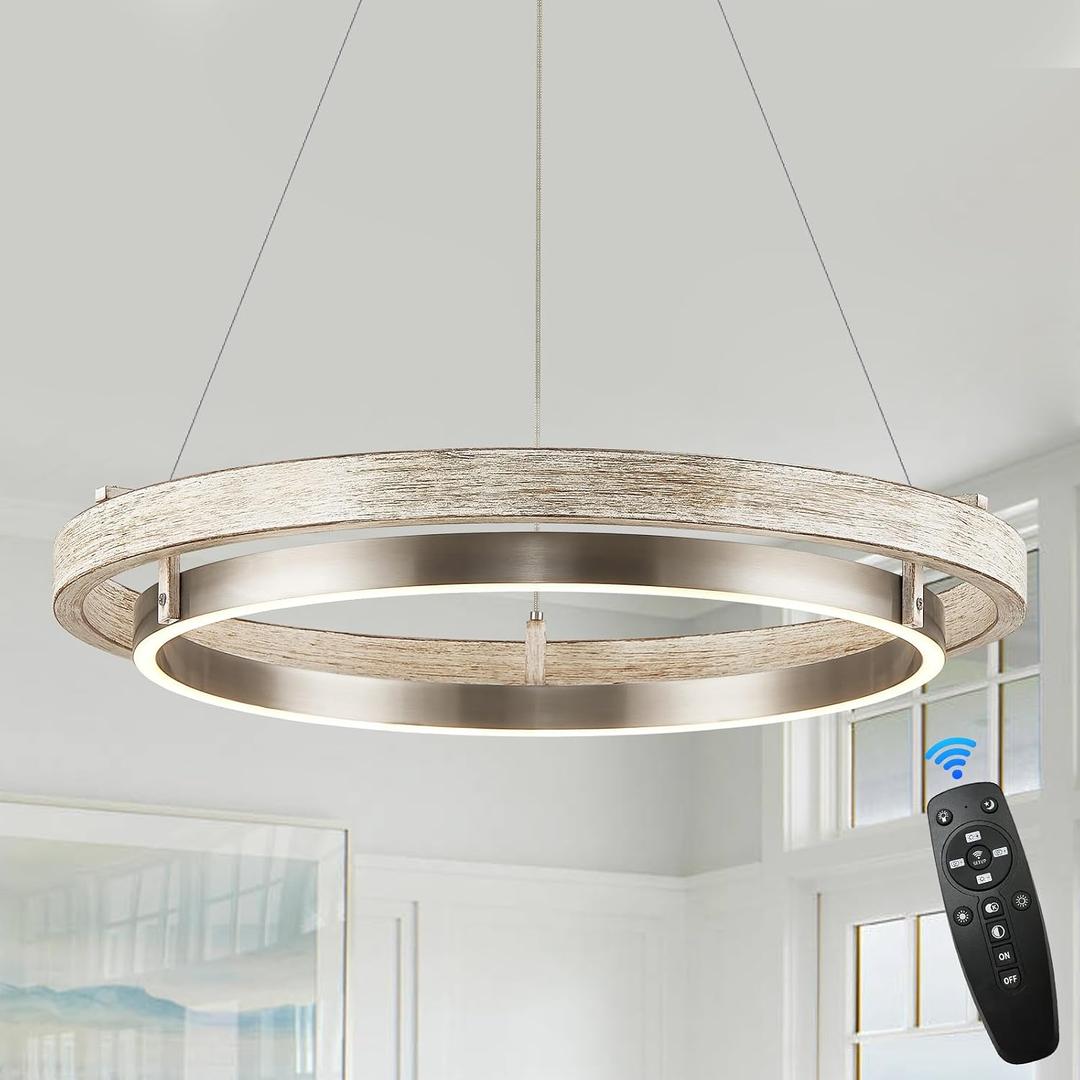 LED Ring Chandelier Weathered Wood Nickel Chandelier Dimmable Round Foyer Chandeliers Light Farmhouse Circular Chandeliers for Dining Room Entry Bedroom Office Living Room, 24in, 30W Downlight