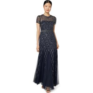 Adrianna Papell Womens Short-Sleeve Grid Beaded Gown (Blue, 14)