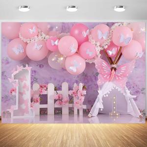 7x5ft Happy 1st Birthday Backdrop for Girls Pink Butterfly Flowers Balloons Photography Background Baby Girl First Birthday Party Decorations Wallpaper Photo Studio Props