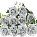 Laelfe 12 PCS Artificial Flowers Silver Roses, Silk Flowers Fake Long Stem Artificial Roses for Home Wedding Bathroom Kitchen Decorations (Silver)